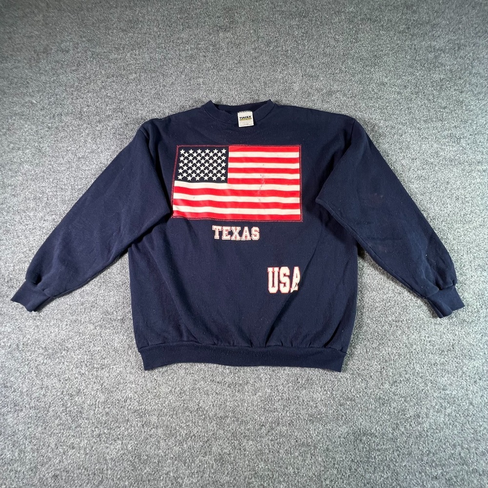 Vintage Tultex Sweatshirt Men's XL Blue Cotton Fleece-Lined "Texas, USA Flag"